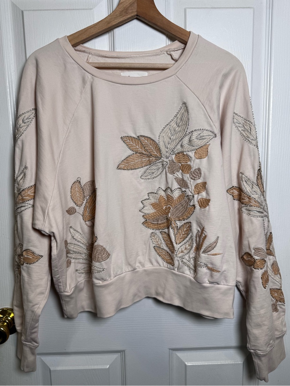 Anthropologie Embroidered Beaded Floral Sweatshirt Top Medium Fall Boho